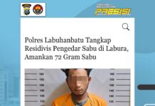 Satresnarkoba Polres Labuhnbatu Meringkus Seorang Residivis Pengedar Sabu Di Labura, 72 Gram Sabu Diamankan
